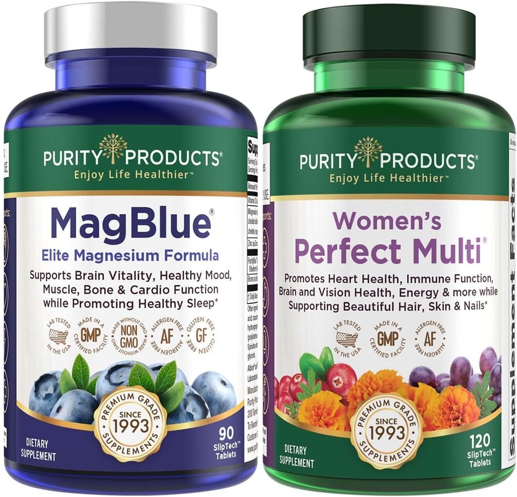 纯度产品包 - Mag Blue + 女性完美多色 - Mag Blue (Megnesium Bisglycnation + 维生素D3 + 更多) - 女性完美多色 - 支持尿道切除术健康,豁免,毛皮钉 + 更多