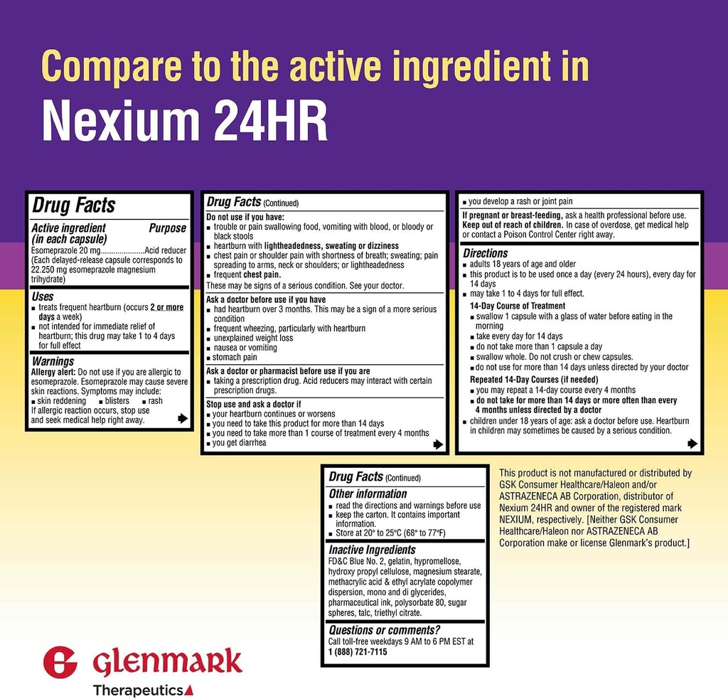 Glenmark 治疗方法 Esomeprazole Magnesium USP 20mg, 延迟释放卡普尔, 治疗频繁的心脏灼伤, 42卡普尔