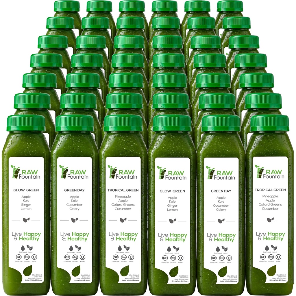 7日绿汁清洁 由Raw Foundain, All Natural Raw, Vegan Detox,冷压汁, 42瓶12oz, 3姜枪