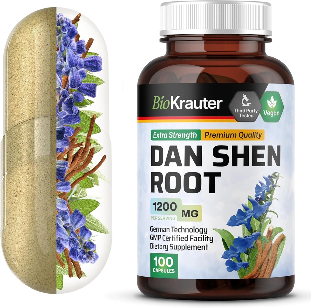 BIO KRAUTER 丹·沈根盖 - 1200 mg 强度 - 100 红圣章盖 - 抗氧化剂来源 - Salvia Miltiorrhiza 根 - Vegan
