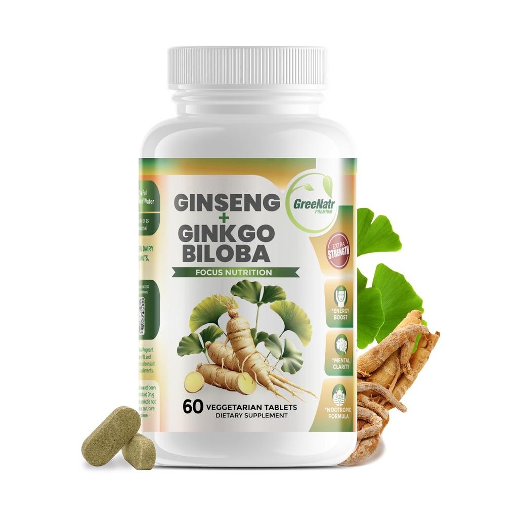 GreeNatr Ginko Biloba & Panax Ginseng 补编 - Red Ginseng Brain 补充记忆和焦点 - Ginkgo Biloba 补充良好视野、免疫系统和改进血液流动 - 60块