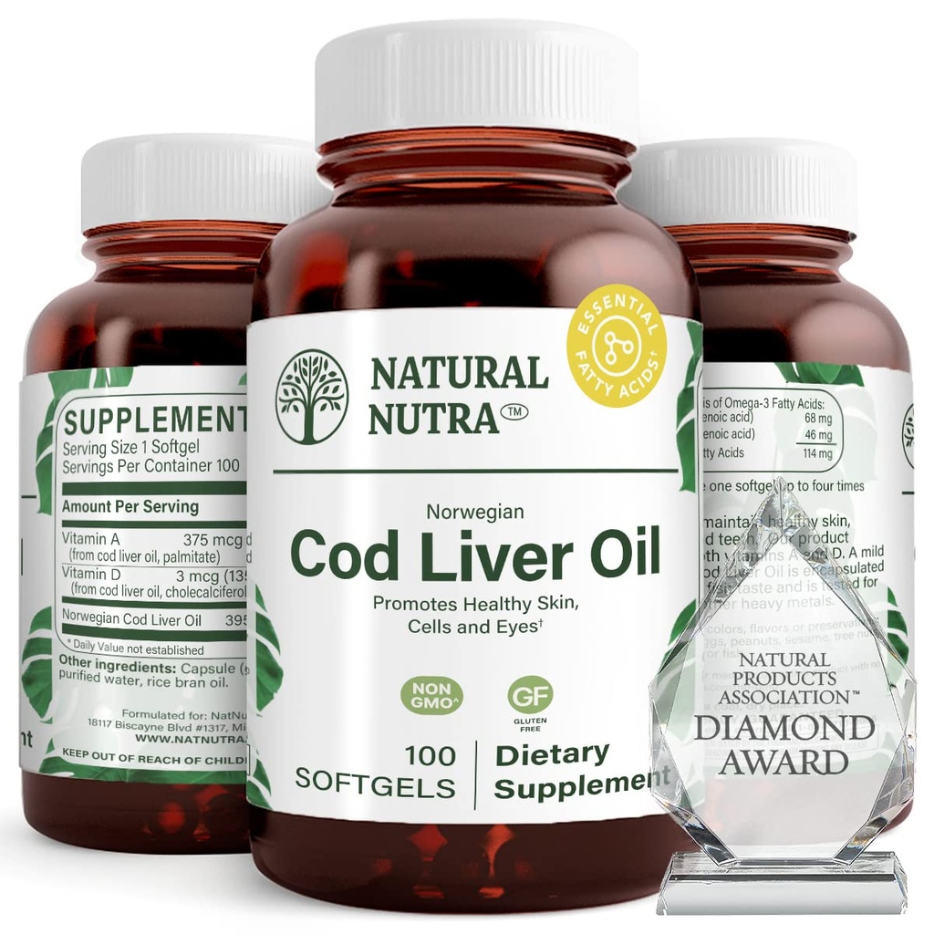 Natural Nutra Norwegian Cod Liver Oil Supplement, Helps to Maintain Skin, Helps Maintain Body Density, Eye Health & Nerve Function, Promotes Dental Health, Supports Cardiovascular Health, 100 Softgels