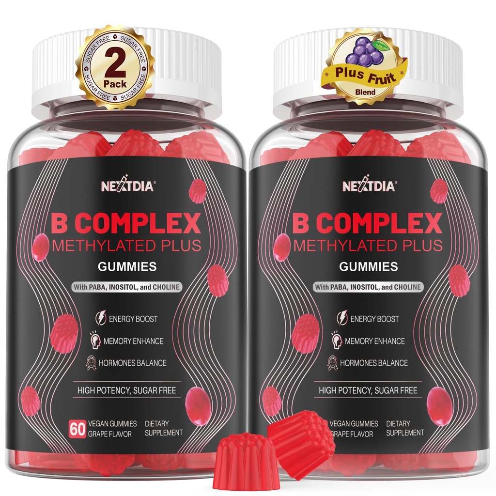 Brain & Mood Supports Gummys, 超級维生素B Complex for Men & Women, All B 维生素B1 B2 B3 B5 B6 B7 Folate MethyB12 配有 PABA, Inositol, Choline, 支持 MTHFR Gene & Energy, Vegan, 120Ct