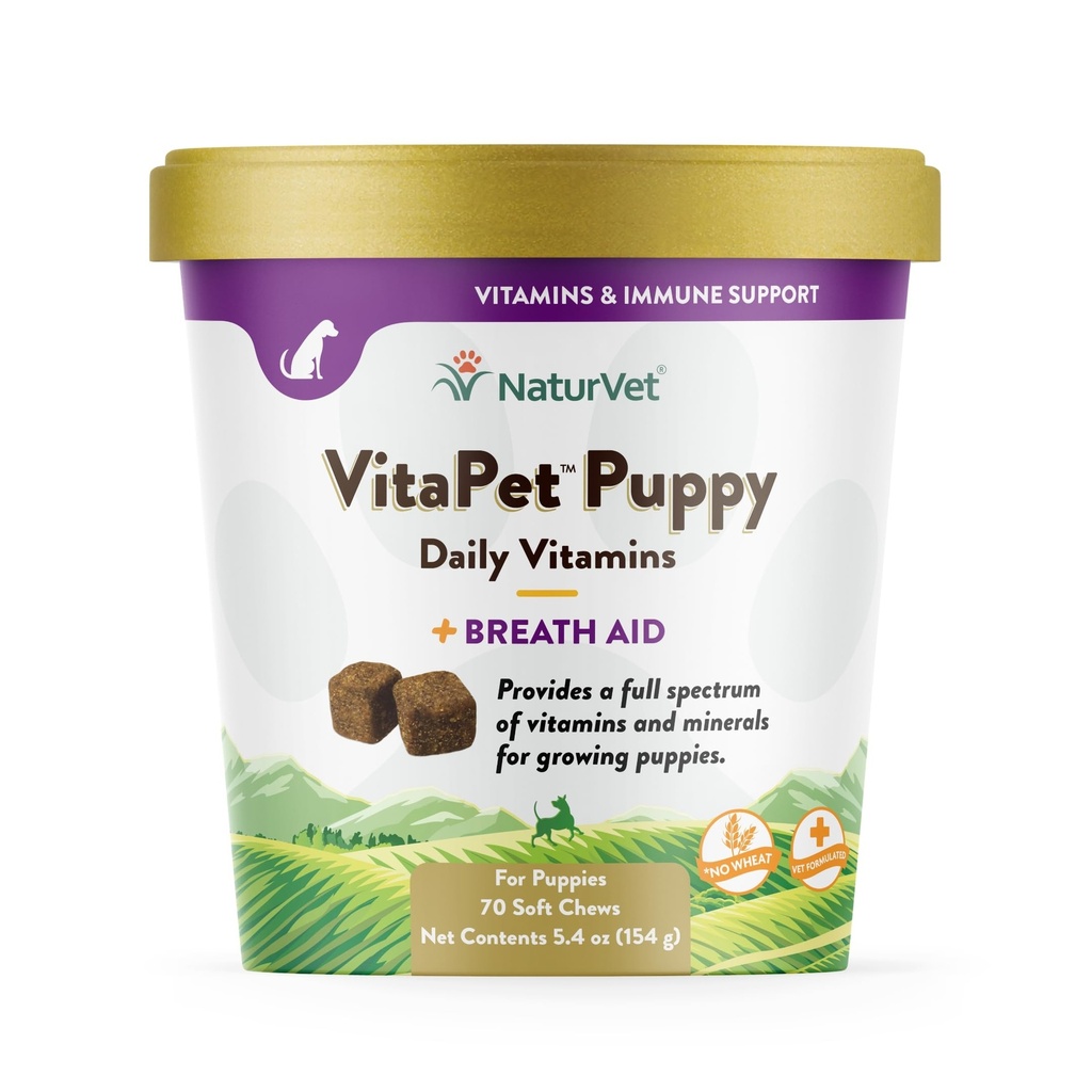 NaturVet – VitaPet Pupy Daily Vitamins for Dogs – Plus Breath Aid – 特意向小狗提供必需的维生素,矿物,氨基酸和脂肪酸(70 软咀嚼).