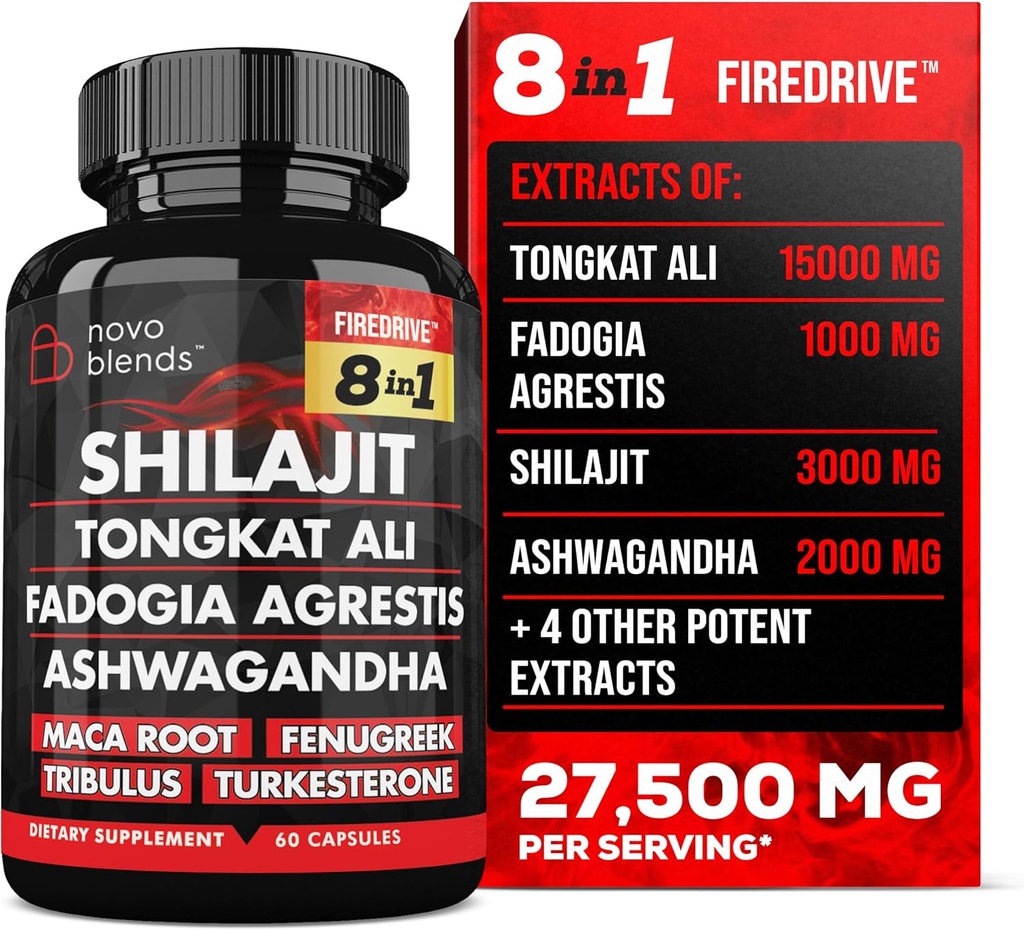 Shilajit 3000mg Tongkat Ali 15 000mg Fadogia Agrestis 1000mg Maca Root 2000mg Ashwagandha 400mg Fenugreek 1500mg Tribulus Terrestris 500mg Turkesterone 500mg, 8-in-1 Supplement for Men
