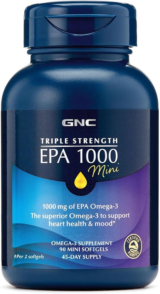 GNC 三强鱼油 EPA 1000 mini, 1000mg Omega 3, 迷你软胶, 支持眼, 大脑, 皮肤, 健康的三甘油酸盐, 心脏, 联合, 用于控制鱼y, 45种服务