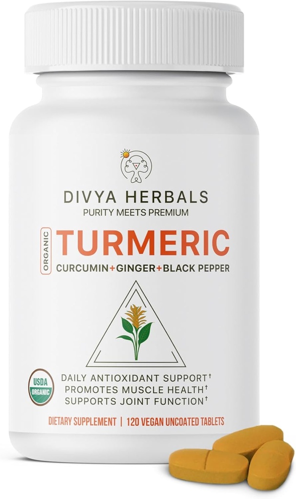 有机Turmeric & Ginger + Black Pepper - 100%纯全根,未加工,未加工,真实的 Ayurvedic 混合 - 支持联合健康与豁免 - 120 Vegan Tabs