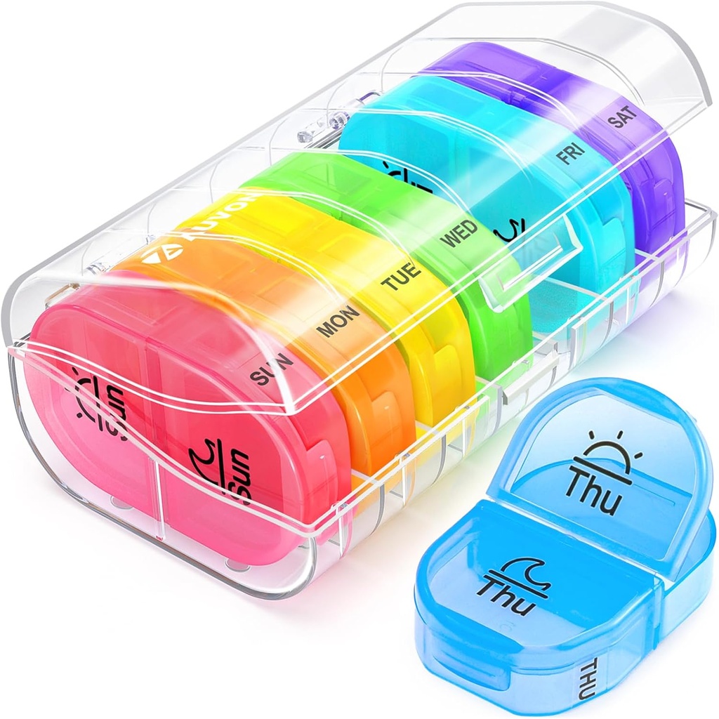 AUVON 药盒 每日2次,每周药盒组织者 AM PM 有7个日用品箱 持有维生素、药品、药品和补充品