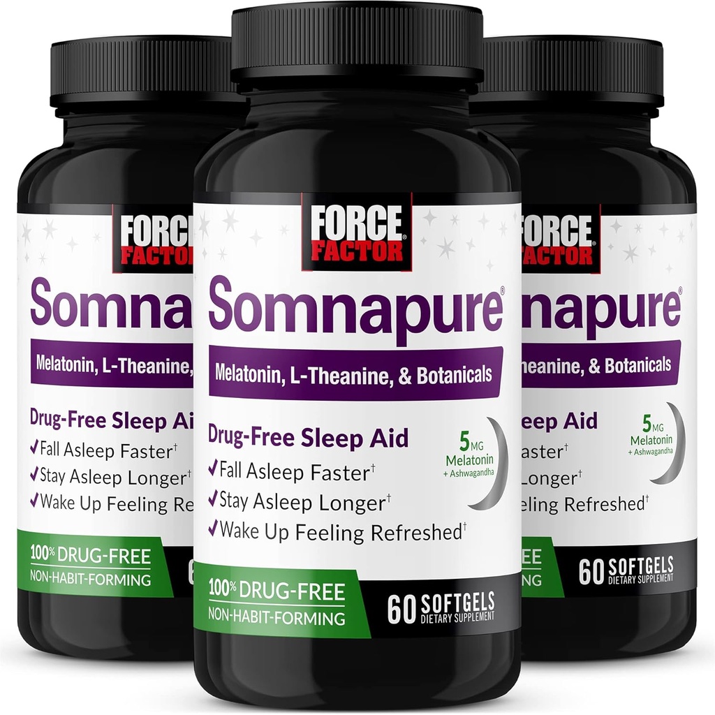 FORCE FACTOR Somnapure Softgels 3-Pack Sleep Asleep Fraight, stay Asleep Longer, Wake Up刷新, 成人睡眠援助 与梅拉托宁, Ashwagandha, Valerian Root, 180 Softgels (英语).