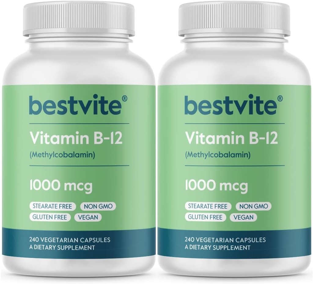 BESTVITE 维生素B12(甲基乙酰Cobalamin) 1000mcg(480个植物卡普尔(2 x 240))(甲基乙酰B12) - 无 Stearates - Vegan - 非 GMO - Gluten Free