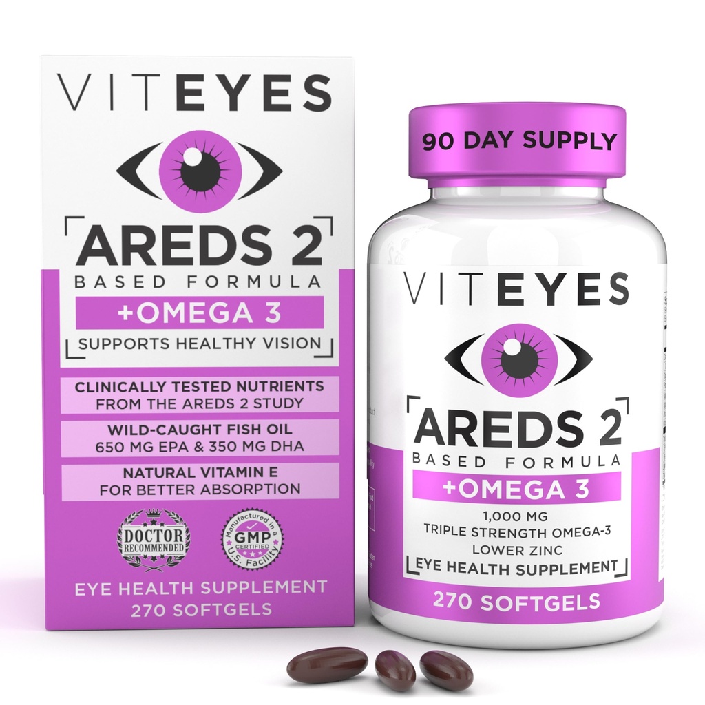 Viteyes AREDS 2 + Omega-3 Macular Support Softgels, + Triple strong Omega-3 (650 mg EPA, 350 mg DHA)用于心脏健康和眼部健康,眼维生素,视觉补充,270软胶