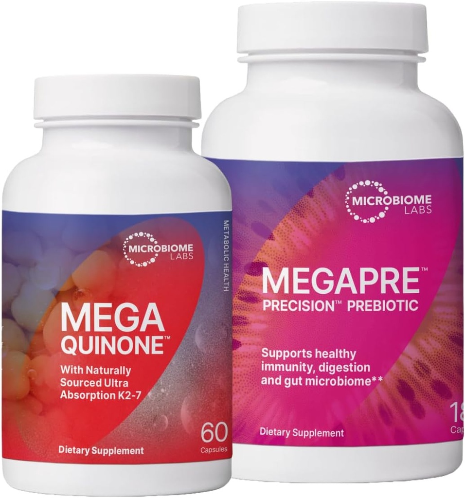 微生物实验室 巨型预生 支持消化和凝固屏障(180 Capsules) + Mega Quinone K2-7 完整的维生素 K 补充 镁,锌(60 Capsules) - 2 产品包