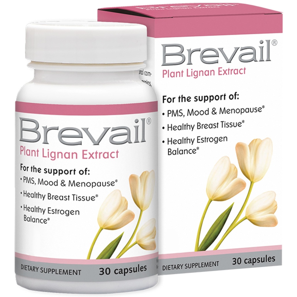 Brevail Plant Lignan Capsules,《积极乳房健康补充剂》,配有50毫克SDG Lignans,来自Flax种子壳促进健康雌激素平衡和PMS Mood支持药,30 Counter