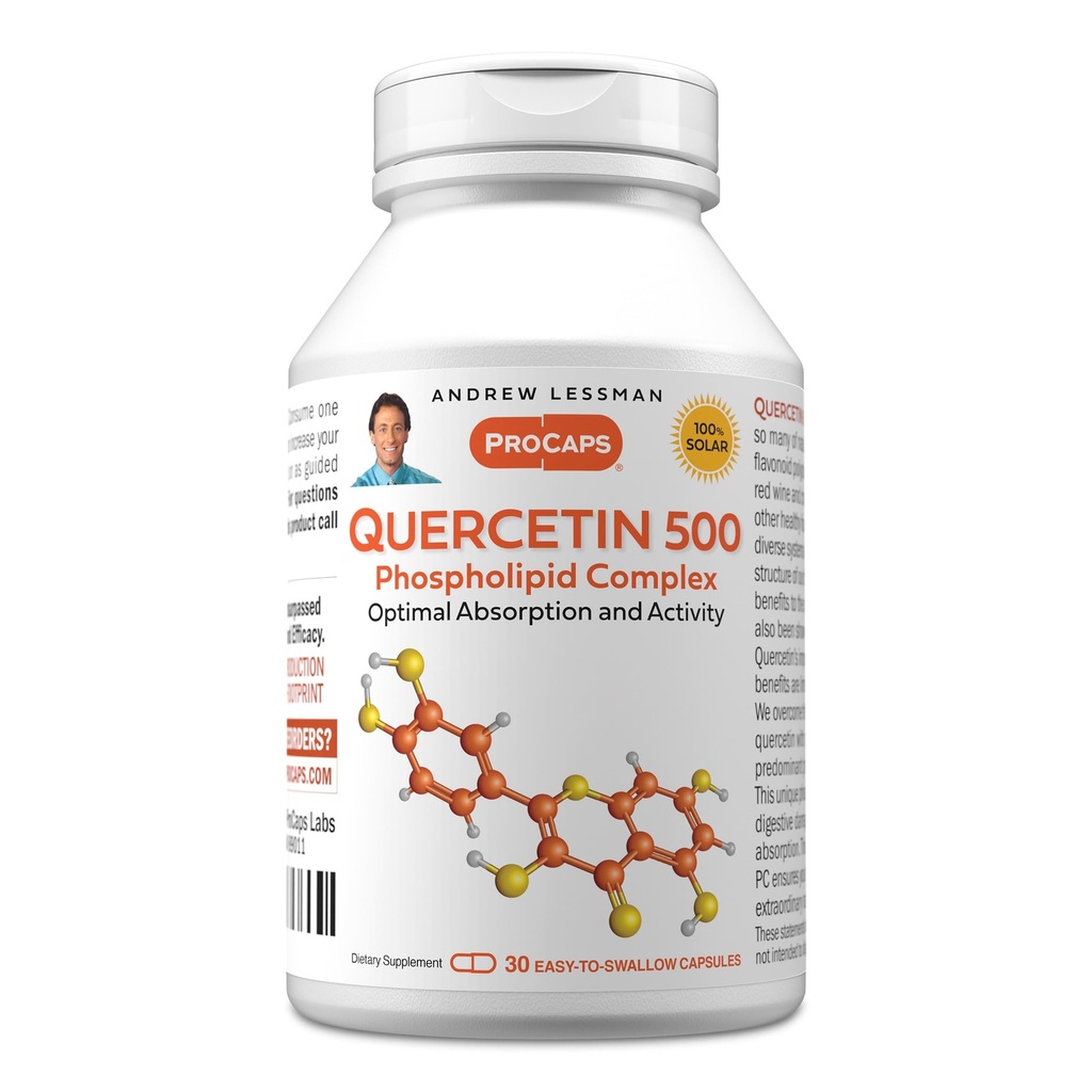 AndreW Lessman Quercetin 500mg - 30 capsules - 500 mg Quercetin 磷脂复合物, 支持健康心脏,循环和免疫功能的高吸附性公式。 没有附加物。
