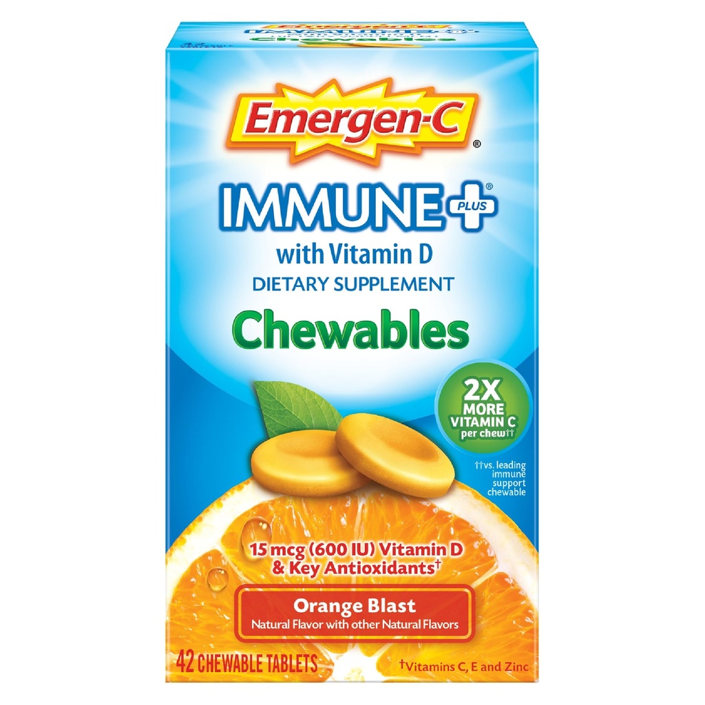 Emergen-C Imune + Chewables 1000mg 维生素C 配有维生素D 平板电脑 豁免的免疫辅助饮食 橙爆裂火焰 返校基本知识 - 42个计数
