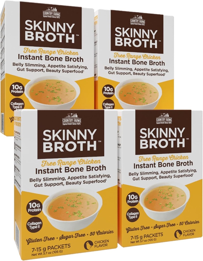 国家FARMS Skinny Broth 7天计划,即时鸡骨架,10G蛋白,Collagen II型,促进更好的消化,骨质健康,7天计划,4包,28-15g包