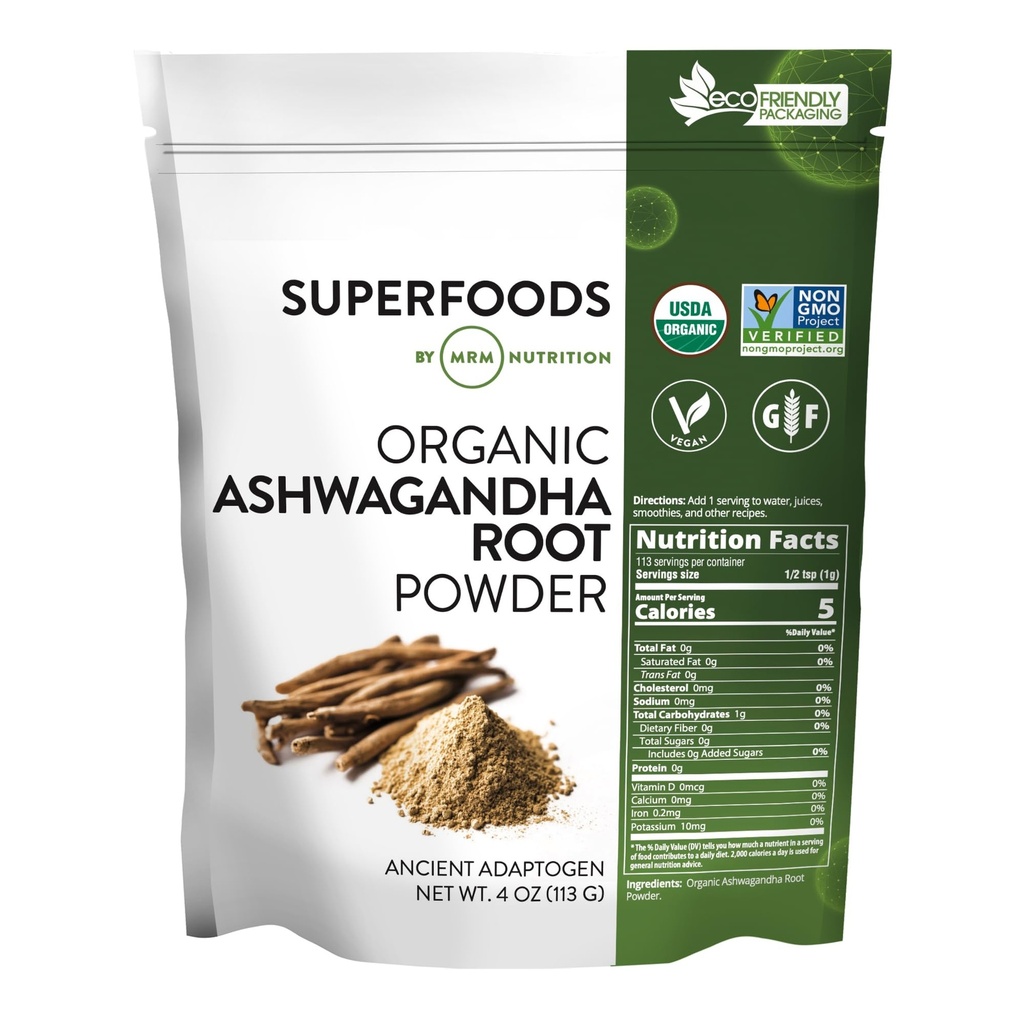 MRM Organic Ashwagandha Root Powder - For Women & Men - USDA Organic Ashwagandha Powder Superfood, with Antioxidants and Adaptogenic Herbal Nutrition, Vegan & Gluten-Free - 113 Servings
