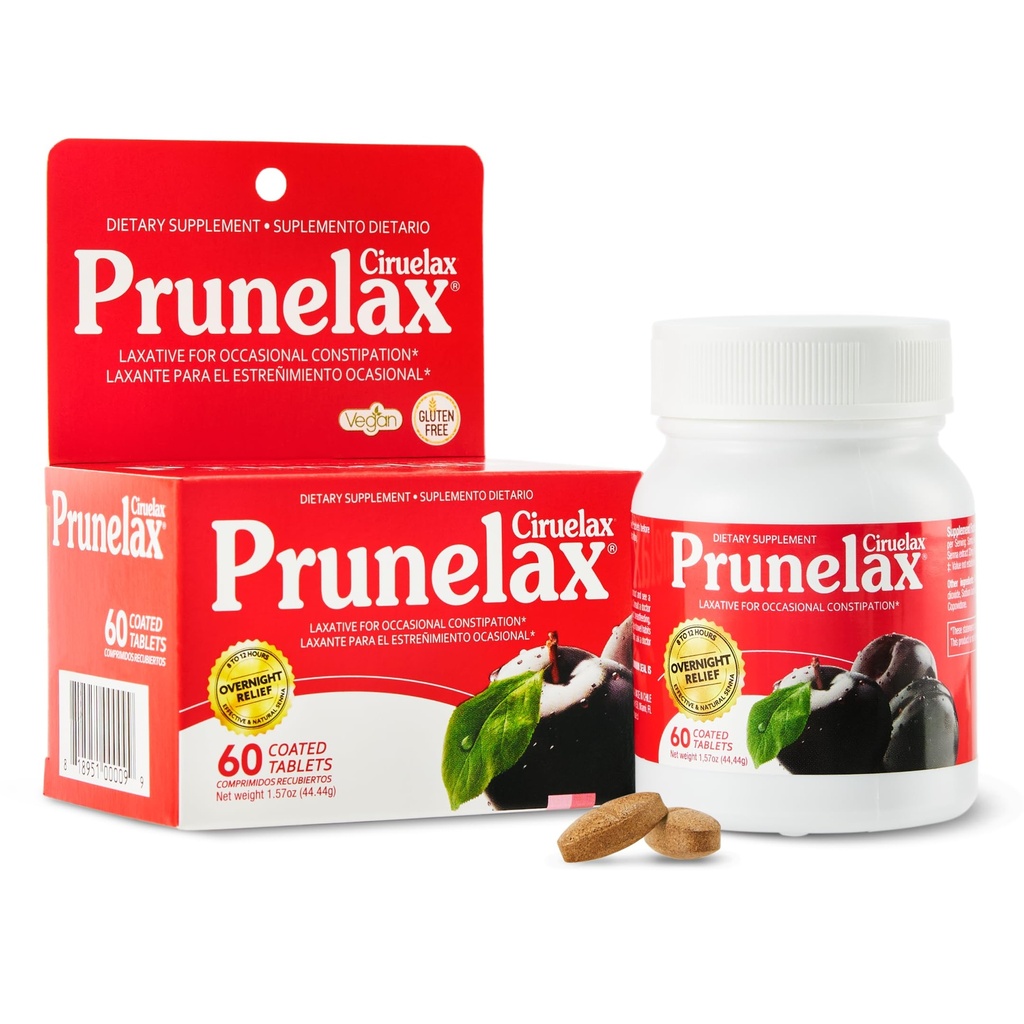 Prunelax Ciruelax 常规强力拉力片 - 偶发便秘的过夜救济, Senna 提取, Vegan & Gluten-free, Fast-acting Gentle Relief - 60ct