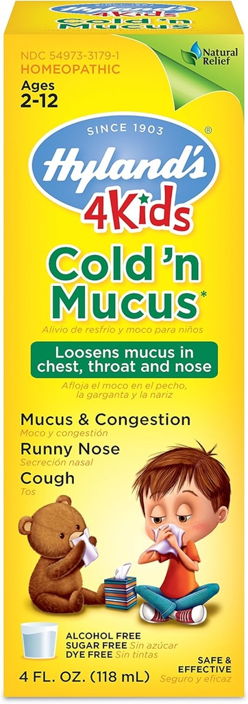 Hyland's Cold Medical for Kids Ages 2 and up, Cold'n Mucus Relief Li液, 天然的 Mucus and Contracting, Runny Nose, Cough, 4 Ounces (英语).