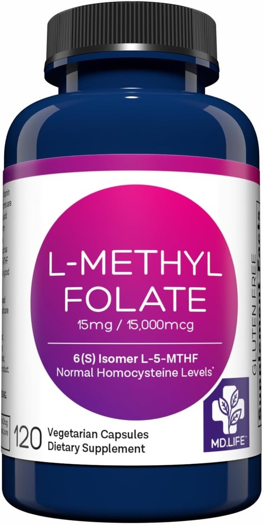MD 生命 L-甲基乙二醇 15 mg 补充 - 专业-格氏活性 L Methylfolate 补充 - 120 capsules - L-Methylfolate 15mg - 最大可能性 MTHFR W/基本氨基酸