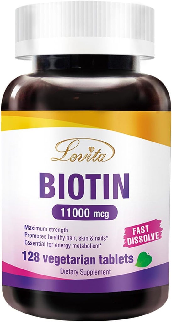 LOVITA 最大强度 11 000 mcg 生物素:快速溶解,植物药片 - 易吸收,Gluten & Demory - Free,128 Vegan - Friendly药片