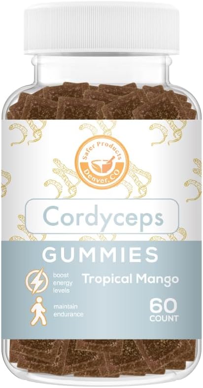 Cordyceps Mushroom Gummys - May支持能源,耐力,和Stamina - 热带芒果火焰 - Vegan, Non-GMO, Gluten-Free, Gelatin Free - 60 Counters