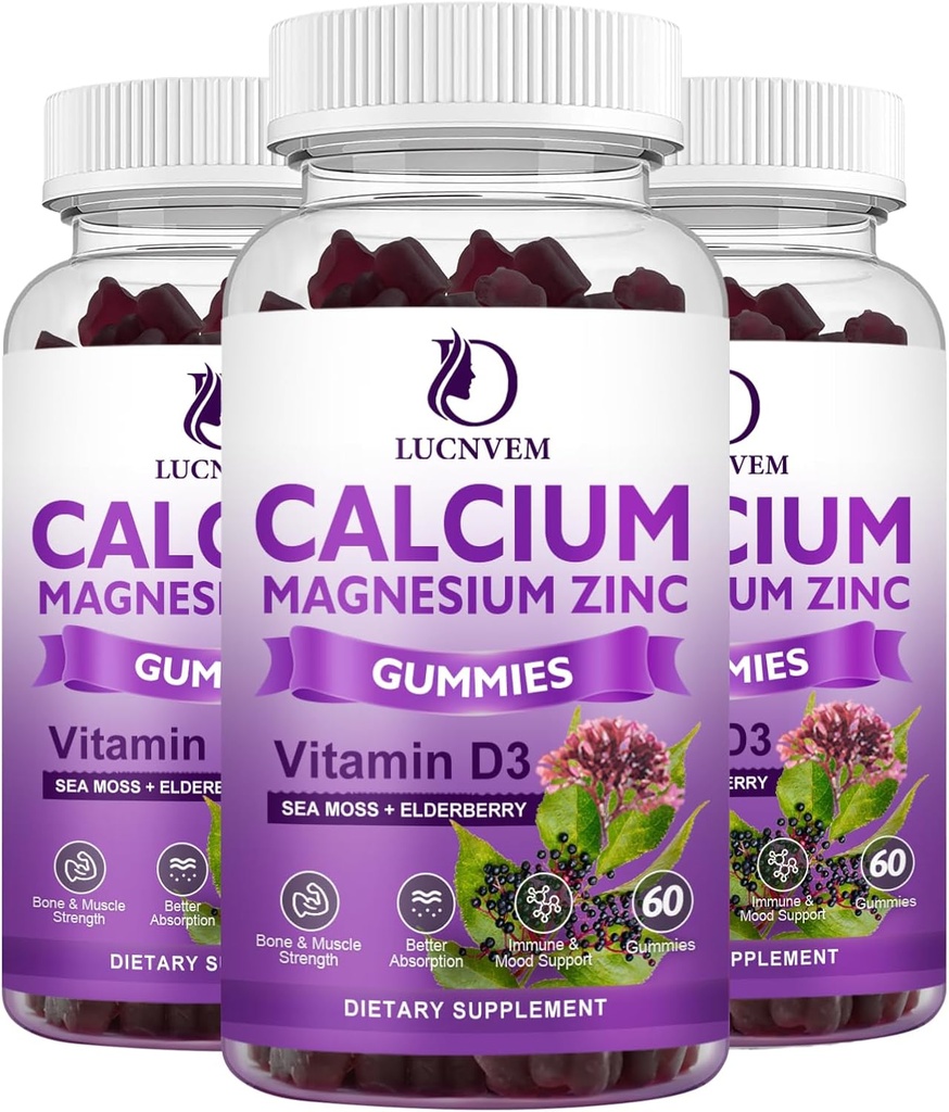 镁酸镁 Gummys Wildn Elderberry and Sea Moss, 镁酸钙 2:1, 含镁 Glycinate, 维生素D3, 用于骨骼,肌肉, 平静 Mood & Sleep Supports, 60 Gummys (3 包).
