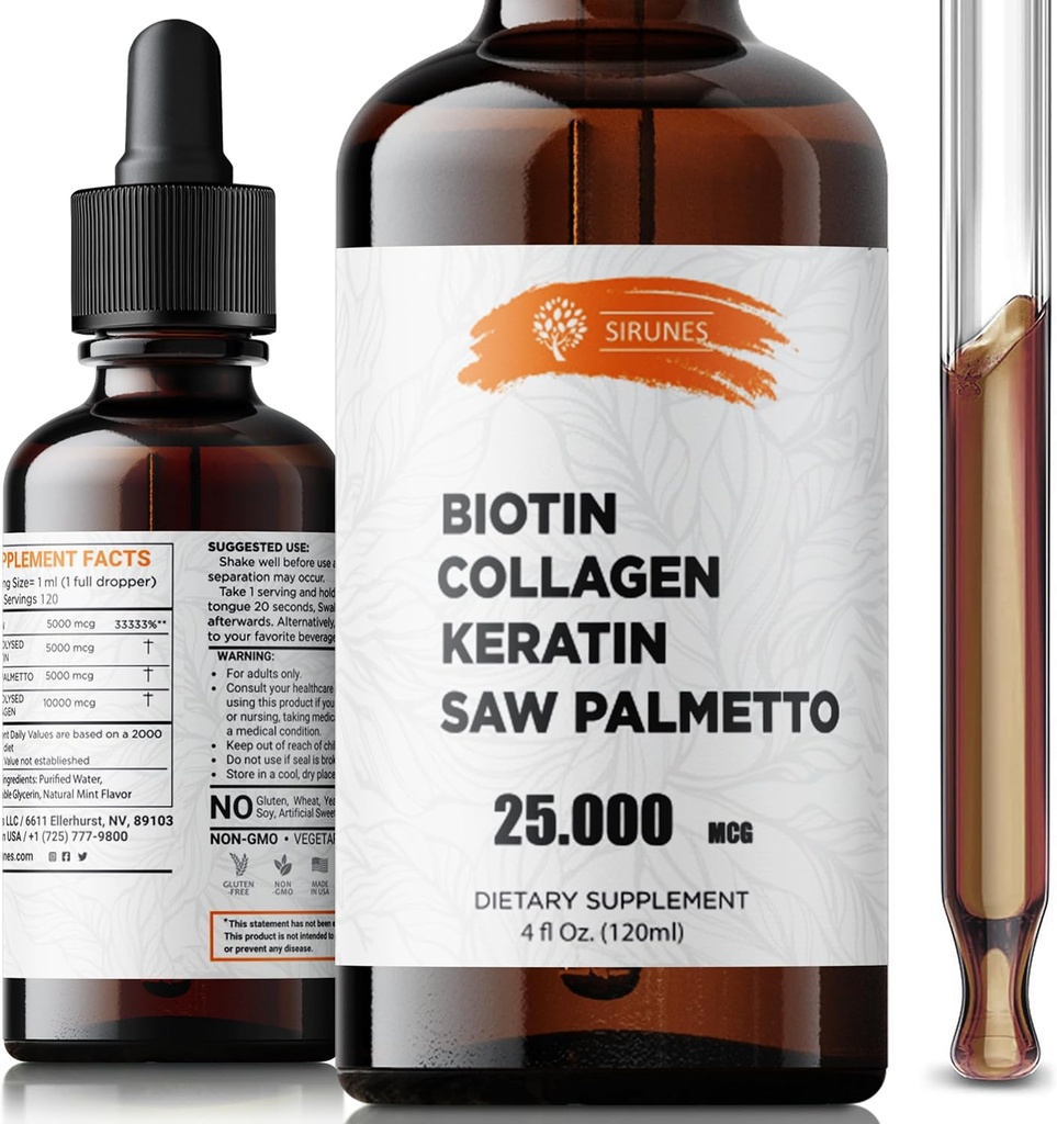 液态生物素和Collagen – 头发,皮肤和钉子补充物,配有10,000 mcg Collagen,5,000 mcg Biotin,5,000 mcg Keratin & Saw Palmetto – 美国制造,4 fl oz