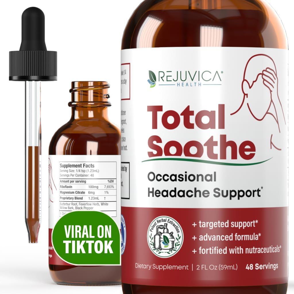 Rejuvica Health Total Soothe - 高级偶发性头痛支持补充 - 液体交付更好的吸收 - Feverfew, Riboflavin, Butterbur, Black Pepper & More!