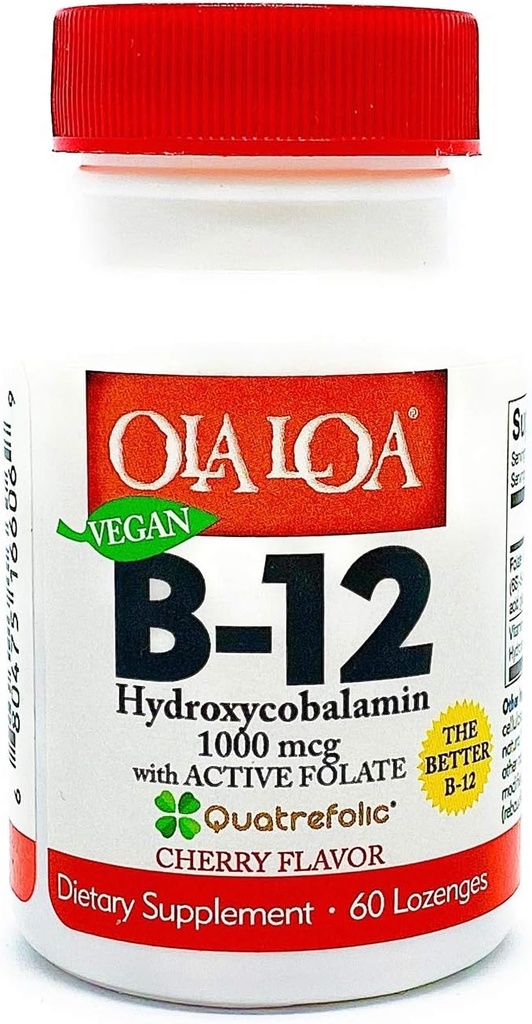 Ola Loa 维生素B12 亚语言樱桃饮食补充剂 - Hydroxy Cobalamin, 活性福拉特, Vegan 配方 - 促进你身体的能量,神经,和大脑支持 - 60平板