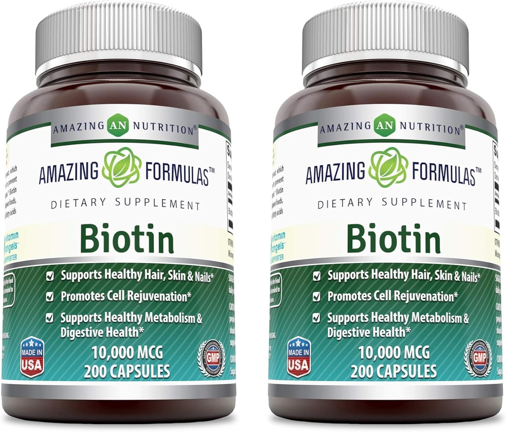 美国制造的Biotin 10000 mcg Veggie Capsules 维生素 B7 补充 | Non-GMO | Gluten Free |(200 count | 2 pack)