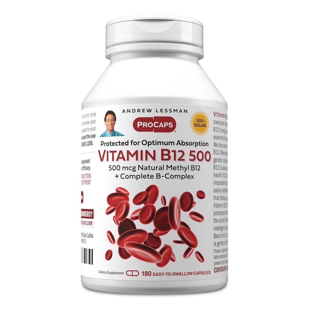 Andrew Lessman 维生素B12 500 180 Capsules - 吸收-保护甲基Cobalamin(天然复合维生素B12),能量和应激支持必需,+ B-复合,容易吞咽 Capsules