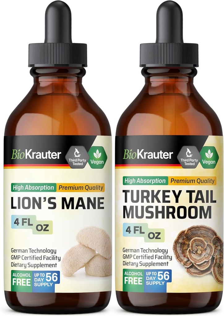 BIO KRAUTER Lion's Mane Tincture 4 Fl. Oz. & Turkey Tail Mushroom Tincture 4 Fl. Oz.