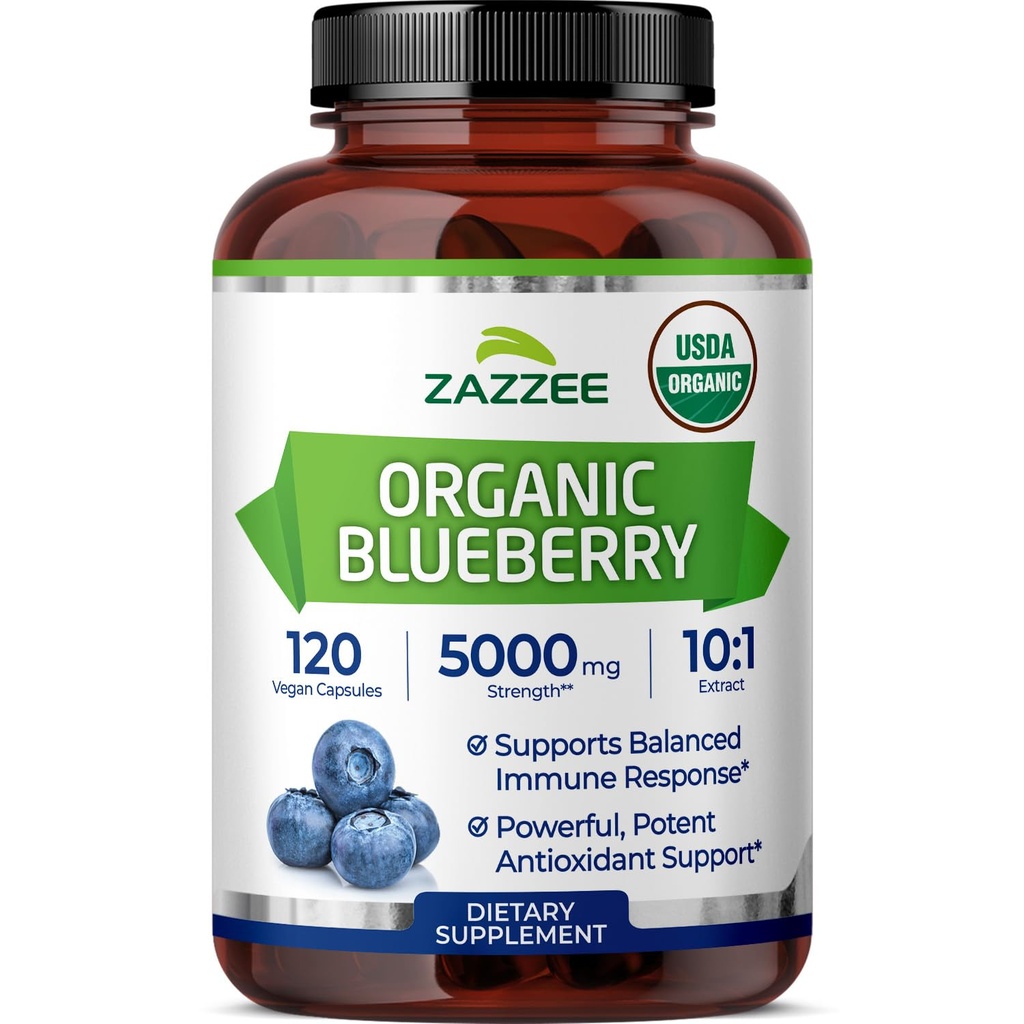 Zazzzee USDA 有机蓝莓 10:1 提取,5000 mg 强度,120 Vegan Capsules, 4个月供应,集中和标准化 10X 全果提取,100%蔬菜,非GMO,美国制造