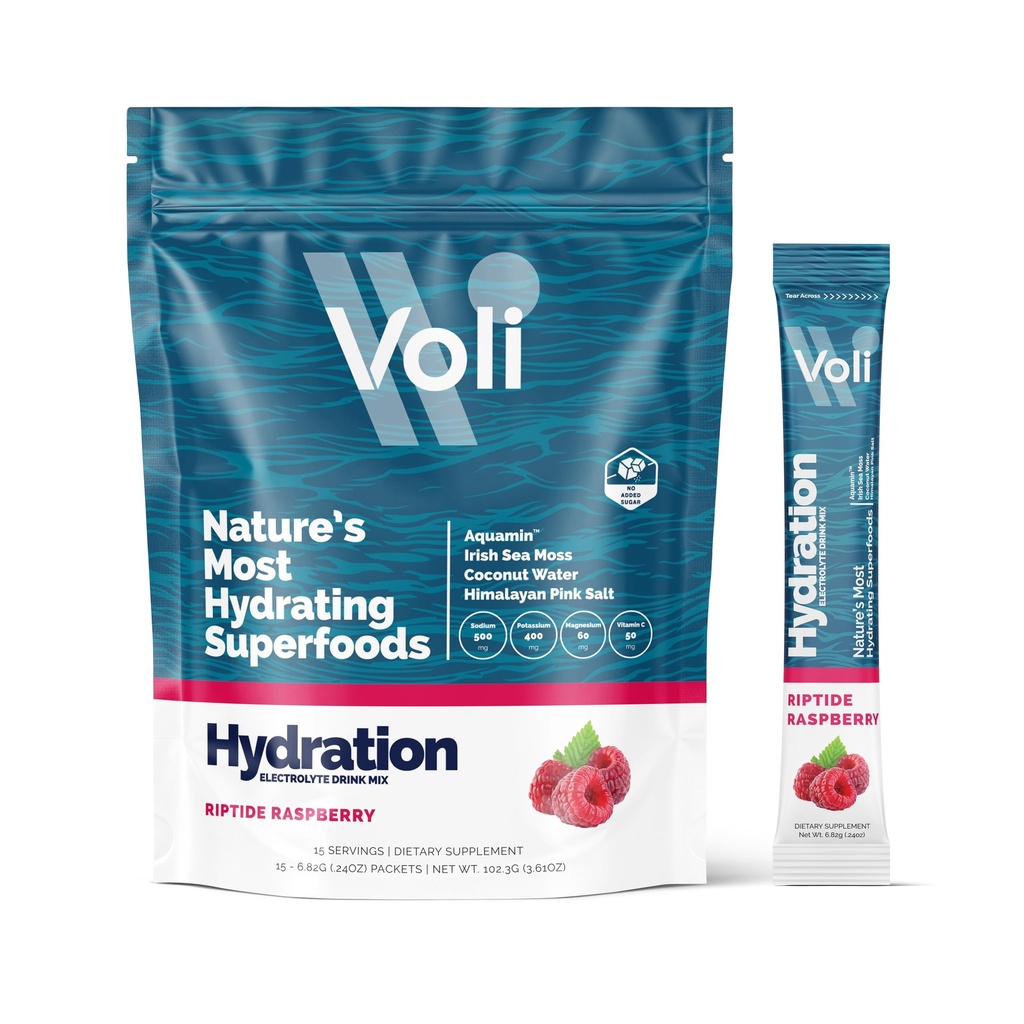 Voli Electrolytes Powder Packets | No Added Sugar Electrolyte Drink Mix for Hydration | Keto & Fasting Friendly, Natural Superfoods & Minerals | Raspberry 15-Count