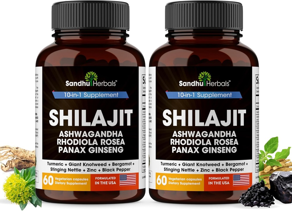 Shilajit Pure Himalayan for Men and Women 120 Capsules 配有 Ashwagandha 高潜能度和能量补充品 + 优于 Gummys 的吸收 + 用于额外动力和Stamina + 与海摩斯的Combo