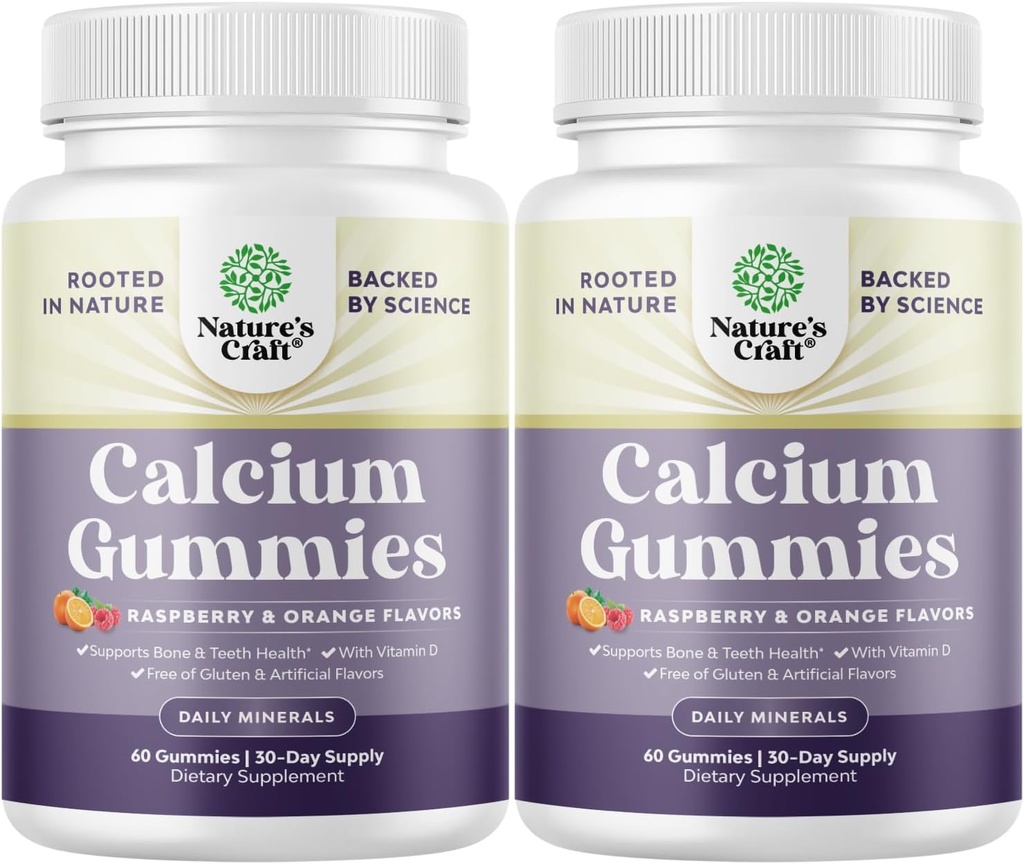 具有维生素D3的高吸附性钙(Natures Craft High Accidentional Cultium Gummys) - 成人美味的钙(Cultium Gummys) - 骨质健康和免疫支持的可口和维生素D补充物 Gelatin-Free 60ct(2包)