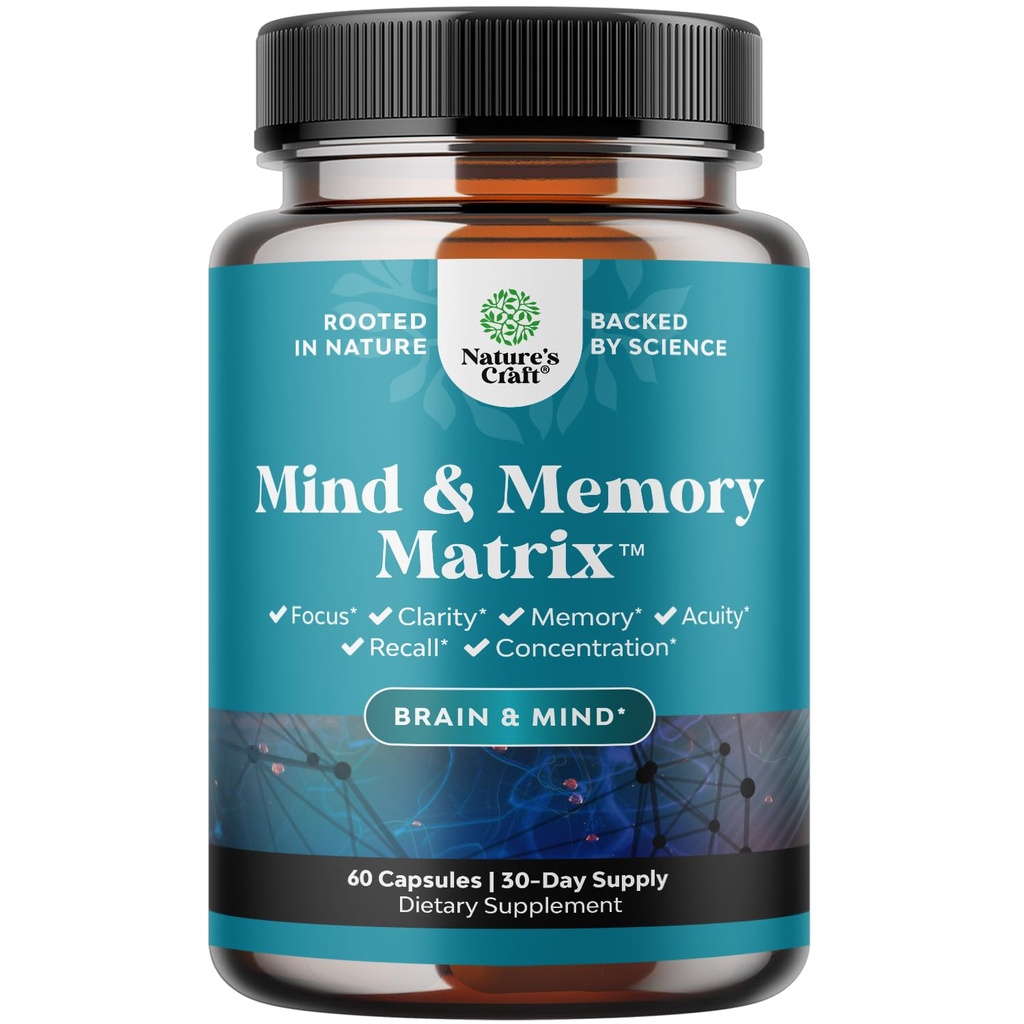 Natural Mind and Memory Supplement for Increased Mental Performance and Clarity Supports Brain Function Made with Pure Green Tea Extract DMAE Bitartrate and Vitamins - 60 Count