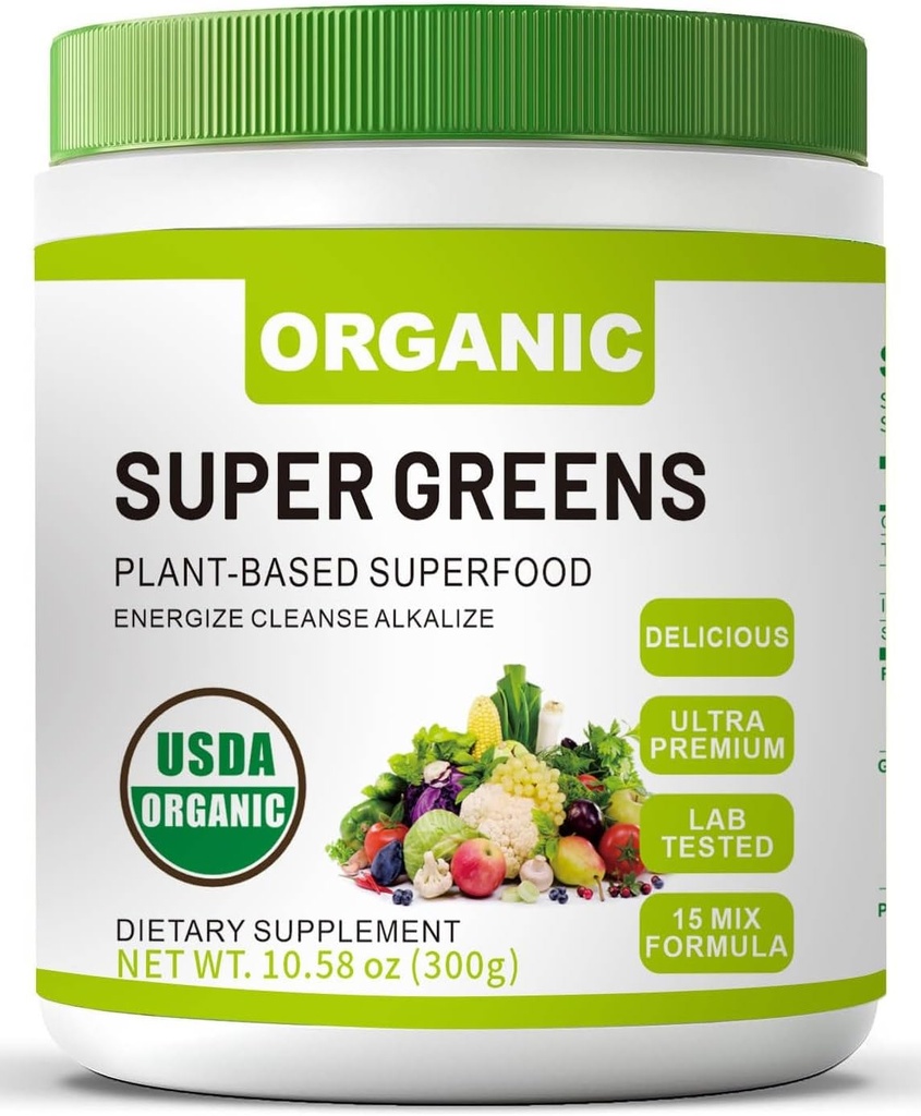 有机超级绿色超级食品粉末,含Spiruina & Chlorella 用于Gut健康,支持豁免,消化健康,自然能源,Probiotic,抗氧化剂,消化酶,(300grs)