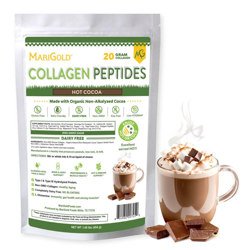 MariGold Grass-fed Collagen Peptides Powder Hot Cocoa 1LB - 100%纯度,I型和III型波维纳水解Collagen,非GMO,Hormone Free,Soy Free,Gluten Free,乳制品Free,Keto-Friendly