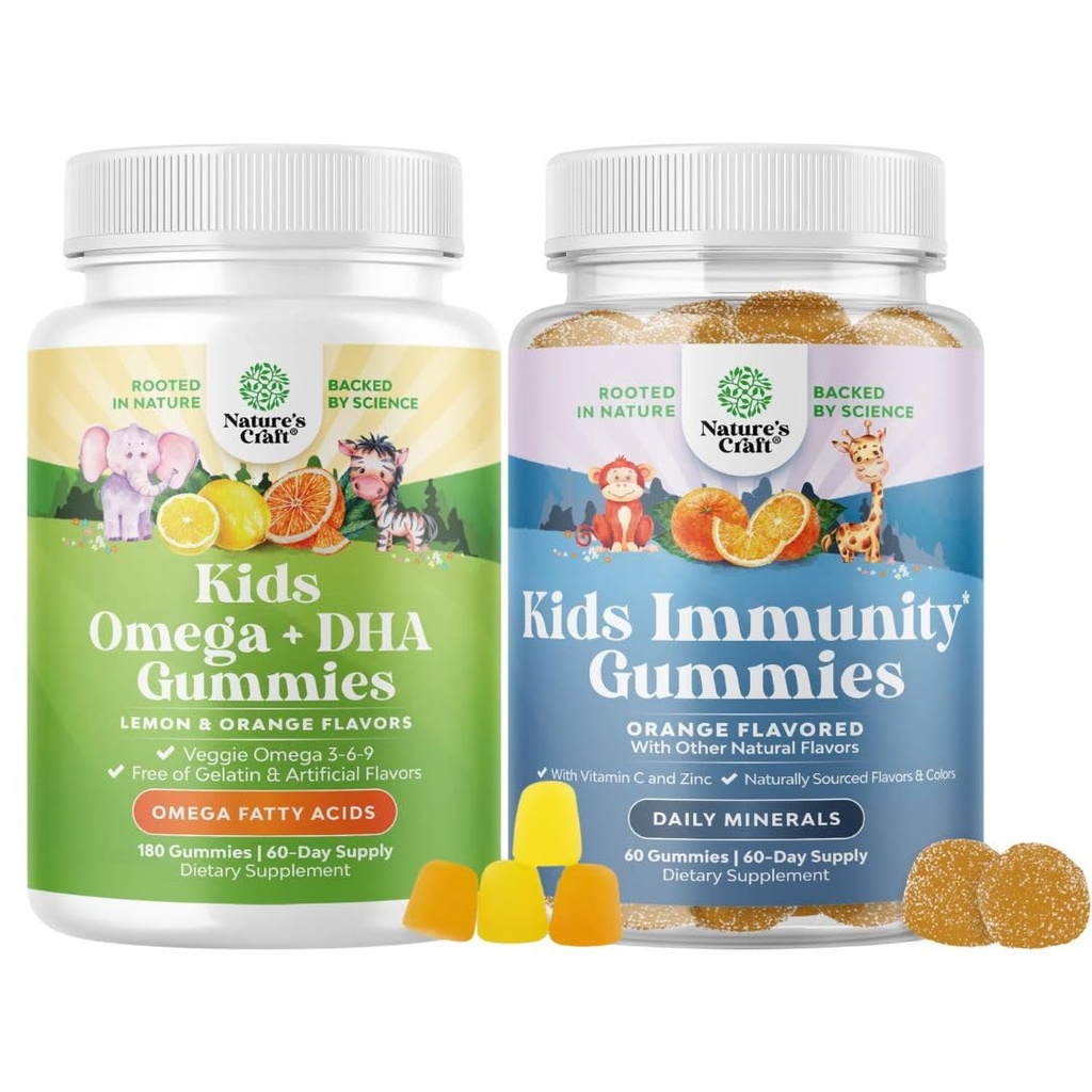 Omega DHA Gummys for Kids - Fatty Acids Omega 3 6 9 配有维生素C用于大脑,豁免和视觉以及儿童豁免支持Gummys - 配有锌和艾奇纳恰伊穆纳助推器的美味维生素C