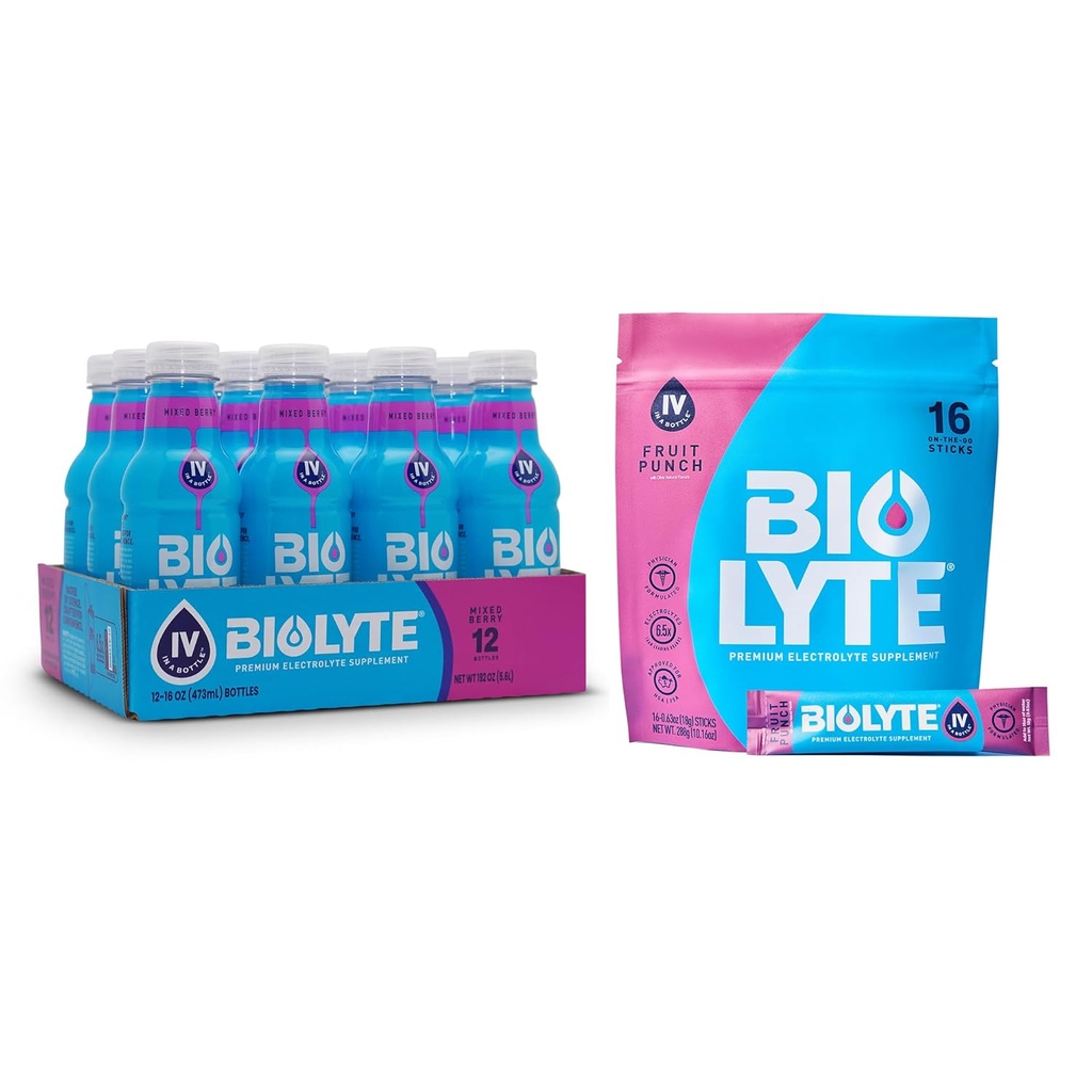 BIOLYTE 电解质 饮料和四水合物 饮料混合剂 - 由医生制成的FSA & HSA 电解质 液体,还水粉包装,女性和男性必须有化学疗法 - Berry, 12瓶, 16棒