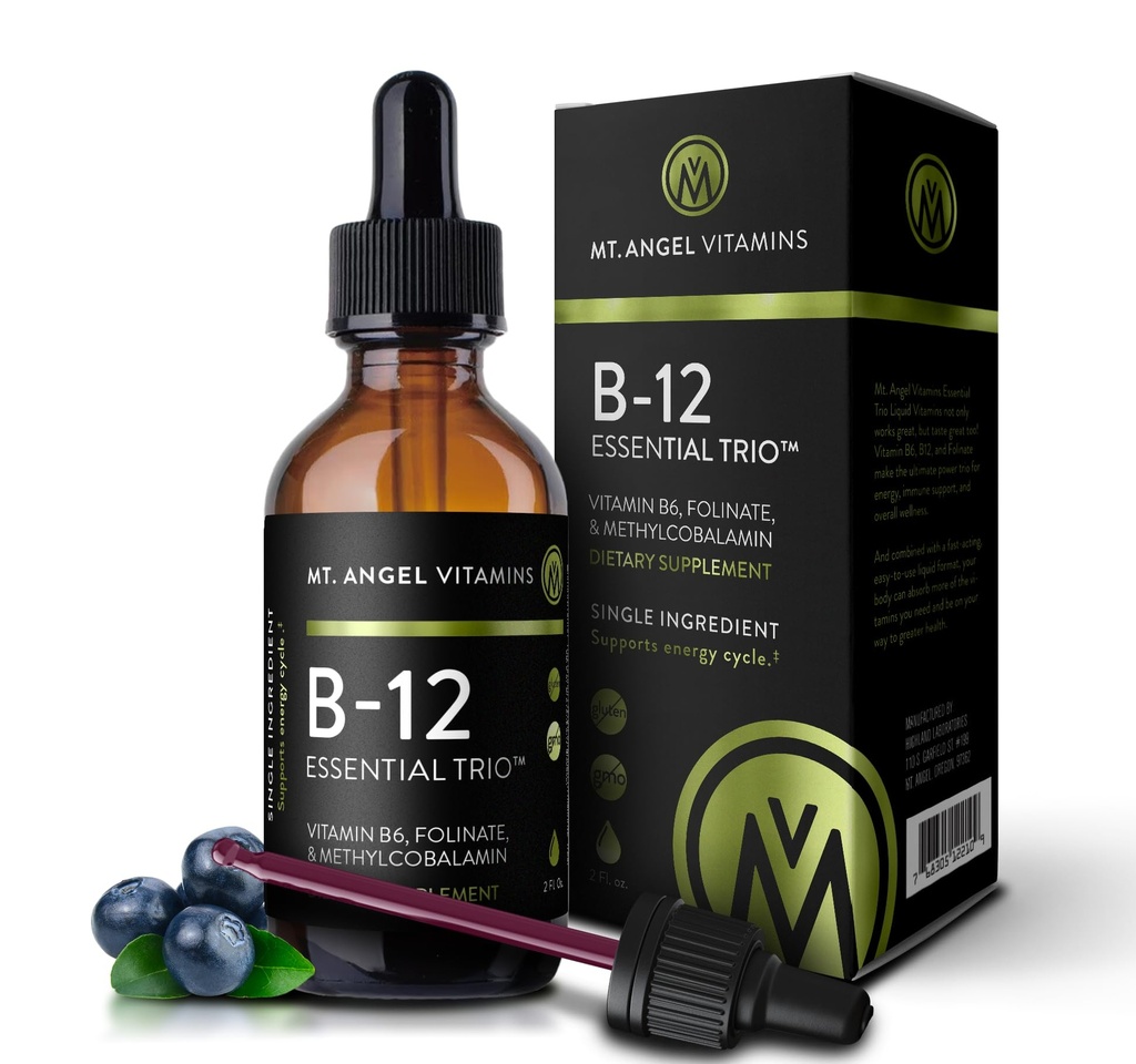 Angel Vitamins山 - B12 基本三重奏 - Vegan 亚语言投放高敏甲基B12,B6 & Folate - 易吸收液体 - 非GMO,美国制造