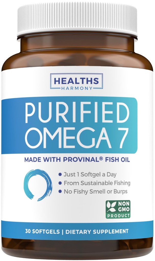 Omega 7 女性和男性补编 -- -- 高概率和纯度棕榈酸脂肪酸 来自具有专利的最低棕榈酸省份的鱼油补编 -- -- 可持续来源(1个月供应)