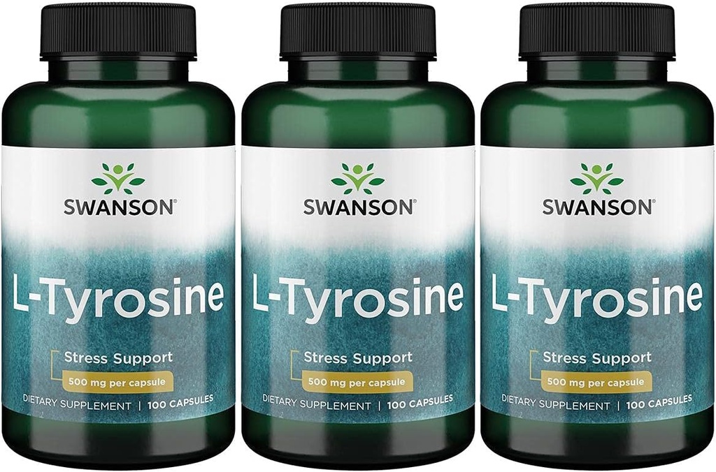 Swanson L-Tyrosine - 氨基酸补充剂促进压力支持,认知功能 - 帮助支持整体脑健康 - (100卡普尔,每包500毫克) 3 Pack