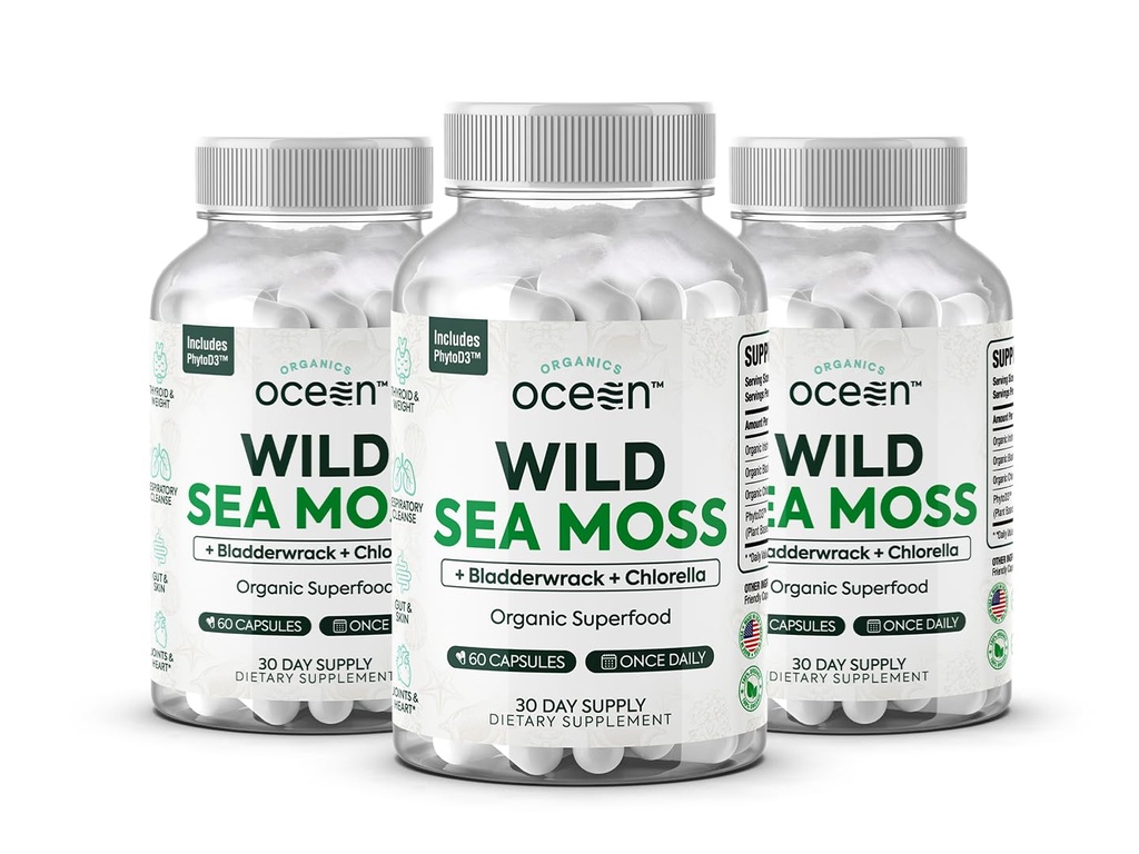 有机体 海洋野生海 Moss Capsules - 100% Irish Organization Sea Moss 有机氯菌、Bladderwrack 和维生素D 用于能源、肺部健康和甲状腺对男女的支持 -- 3瓶