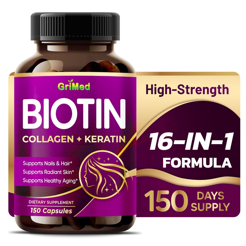 GriMed BIOTIN 配有 Collagen + Keratin 7,275mg 坚固的钉子和头发, Radiant 皮肤, 健康老龄化 - 美国制造和试验(150个计数(一包))