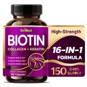 GriMed BIOTIN with Collagen + Keratin 7,275mg Strong Nails & Hair, Radiant Skin, Healthy Aging (150 Count (Pack of 1))