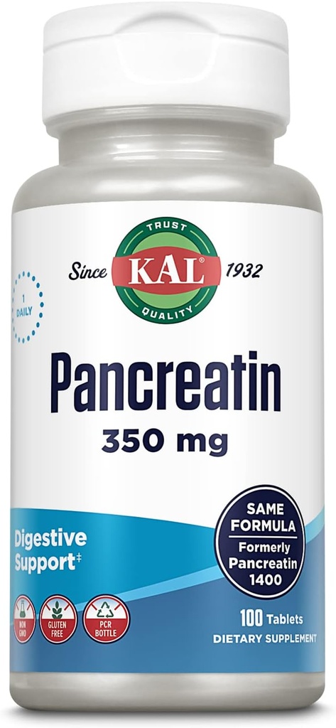 KAL Pancreatin 350mg, " 男女消化酶 " , " 消化健康支持的泛菌酶 " , " 格鲁滕自由 " , " 非GMO " , " 快速解体 " , " 60天保障 " , " 100个服务 " , " 100块药片 "