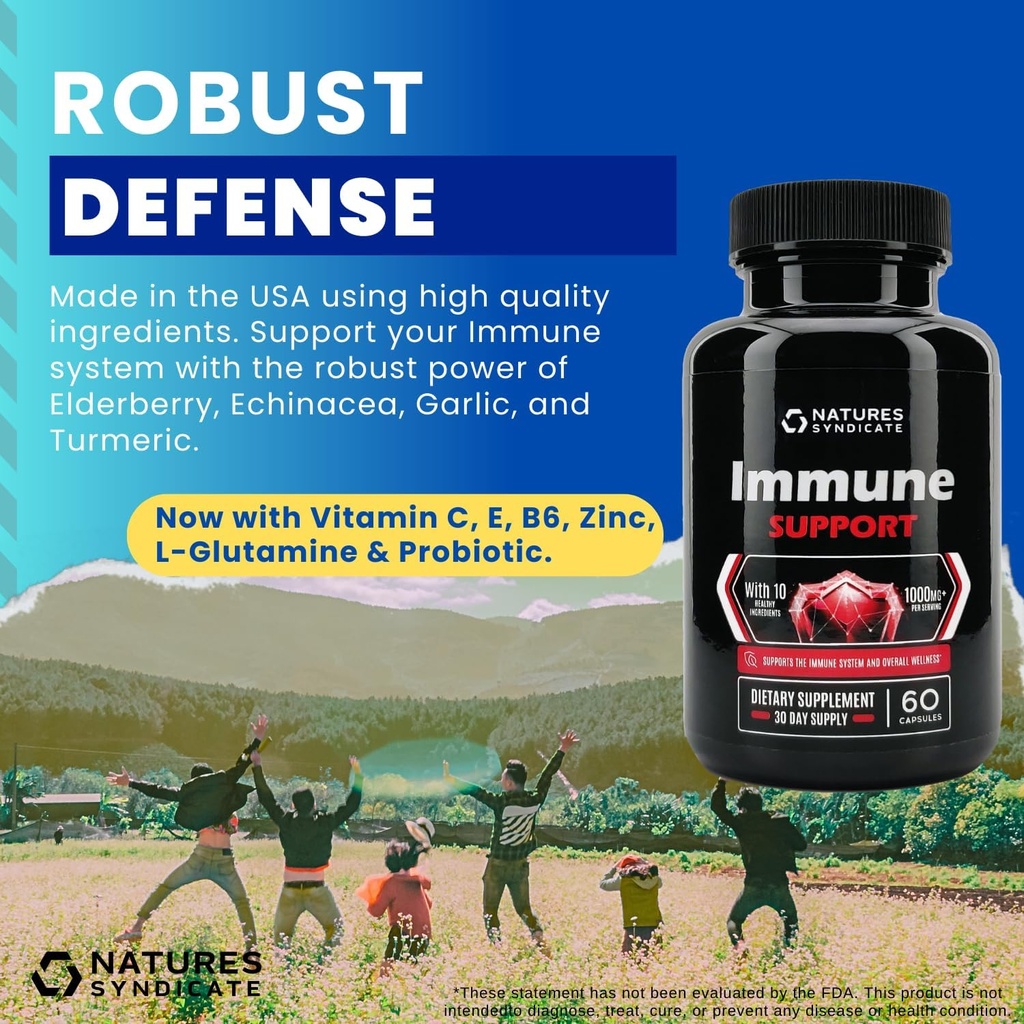 免疫支持补充剂 -- -- 10in-1,配有Echinacea、Merderberry、Garlic、Turmeric配有锌、维生素C、E、B6和L-Glutamine、4.8亿CFU成人免疫